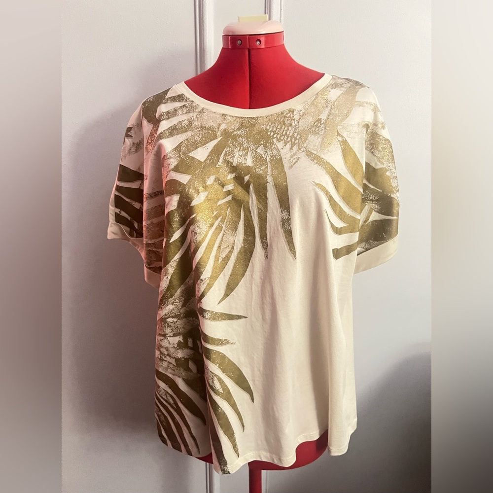 New Chico’s Women's Cream & Gold Palm Leaf Print Top Cotton size 2 (large)